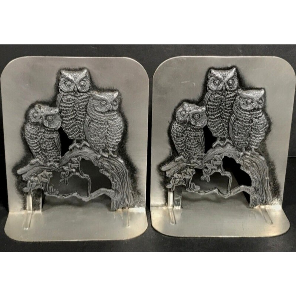 Vintage owl bookends, Pewter antiqued book ends, silver book ends Metal Mcm
